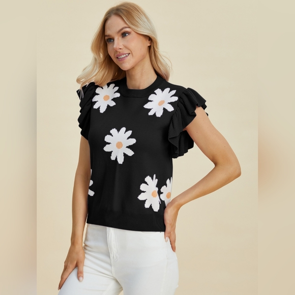 Double Take Full Size Ruffled Flower Round Neck Cap Sleeve Sweater - Picture 5 of 11